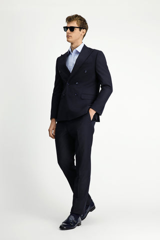  Koyu Lacivert Regular Fit Çizgili Yünlü Kruvaze Takım Elbise