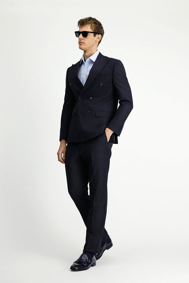  Koyu Lacivert Regular Fit Çizgili Yünlü Kruvaze Takım Elbise