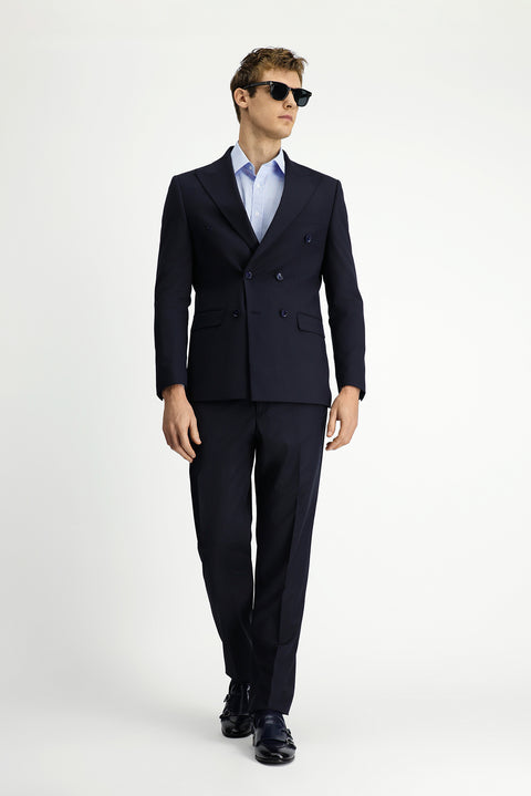 Koyu Lacivert 6 Drop Regular Fit Standart Kesim Çizgili Yünlü Kruvaze Takım Elbise