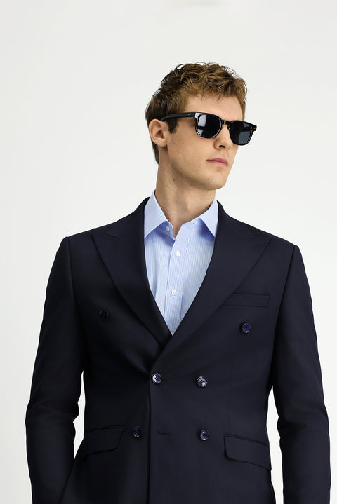 Koyu Lacivert 6 Drop Regular Fit Standart Kesim Çizgili Yünlü Kruvaze Takım Elbise