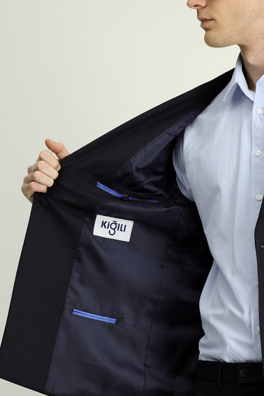 Koyu Lacivert Regular Fit Çizgili Yünlü Kruvaze Takım Elbise