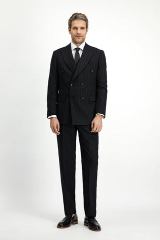  Siyah Regular Fit Yünlü Çizgili Kruvaze Takım Elbise