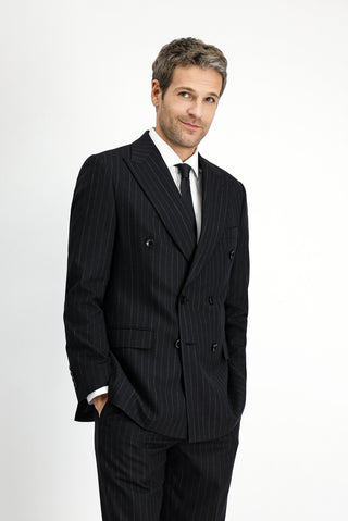  Siyah Regular Fit Yünlü Çizgili Kruvaze Takım Elbise