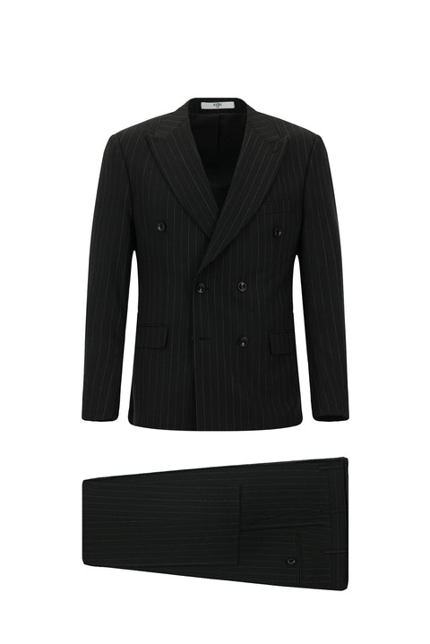 Siyah 6 Drop Regular Fit Standart Kesim Yünlü Çizgili Kruvaze Takım Elbise