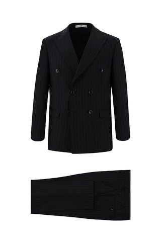  Koyu Lacivert Regular Fit Yünlü Çizgili Kruvaze Takım Elbise