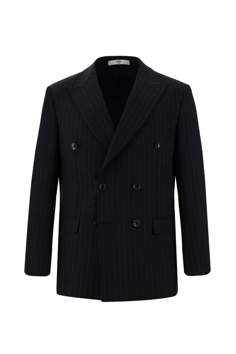 Koyu Lacivert 6 Drop Regular Fit Standart Kesim Yünlü Çizgili Kruvaze Takım Elbise