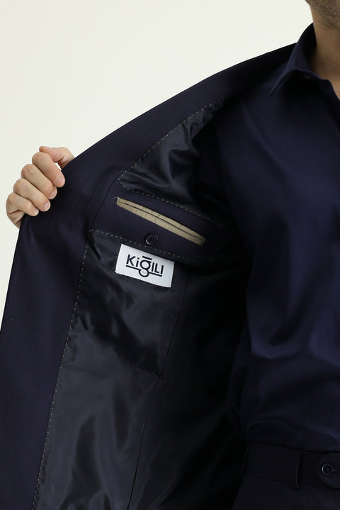 Koyu Lacivert 6 Drop Regular Fit Standart Kesim Yünlü Çizgili Takım Elbise