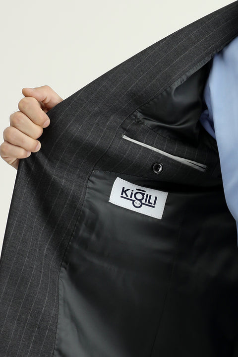 Medium Anthracite 7 Drop Slim Fit Narrow Cut Wool Striped Suit