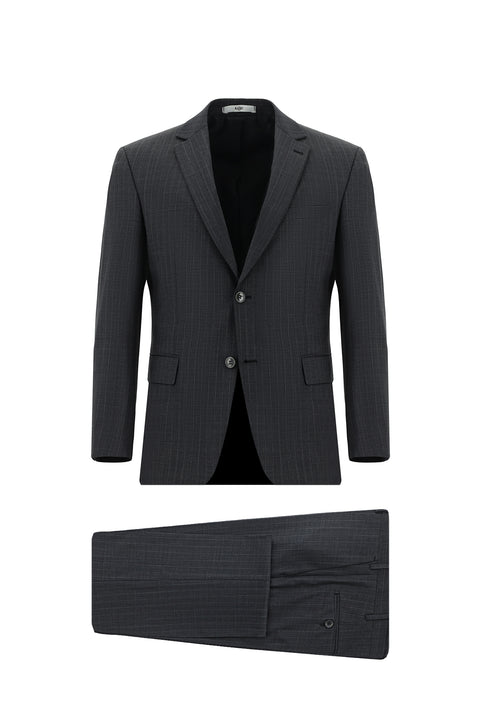 Koyu Füme 7 Drop Slim Fit Dar Kesim Yünlü Çizgili Takım Elbise