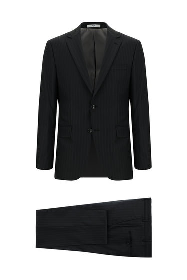 Siyah Super Slim Fit Ekstra Dar Kesim Yünlü Çizgili Klasik Takım Elbise
