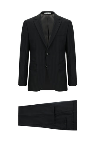  Siyah 7 Drop Slim Fit Dar Kesim Yünlü Çizgili Takım Elbise