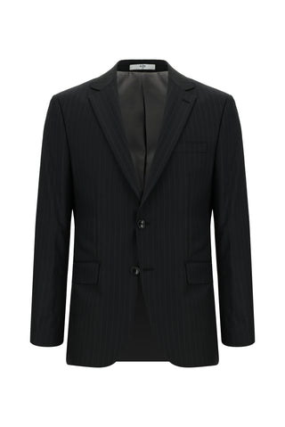  Siyah Regular Fit Yünlü Çizgili Klasik Takım Elbise