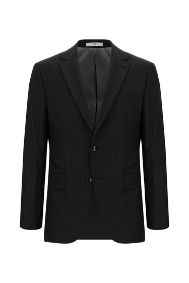 Siyah Slim Fit Dar Kesim Yünlü Çizgili Klasik Takım Elbise