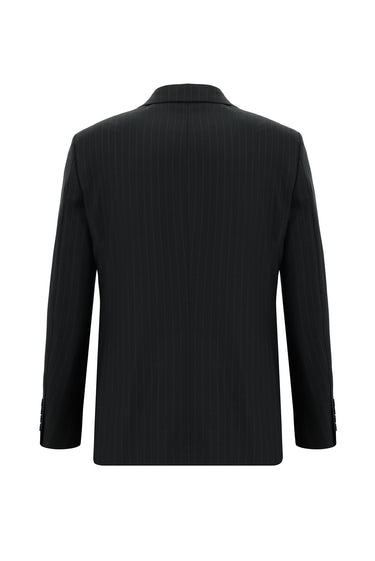 Siyah Slim Fit Dar Kesim Yünlü Çizgili Klasik Takım Elbise