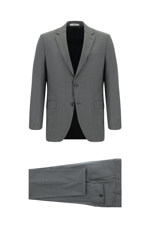 Orta Füme 7 Drop Slim Fit Dar Kesim Yünlü Çizgili Takım Elbise