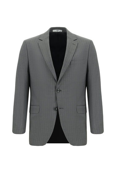 Orta Füme Slim Fit Dar Kesim Yünlü Çizgili Klasik Takım Elbise