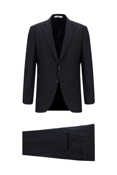  Siyah Lacivert Super Slim Fit Ekstra Dar Kesim Yünlü Çizgili Klasik Takım Elbise