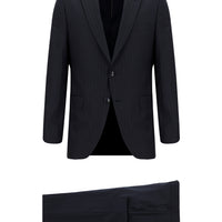 Siyah Lacivert 7 Drop Slim Fit Dar Kesim Yünlü Çizgili Klasik Takım Elbise