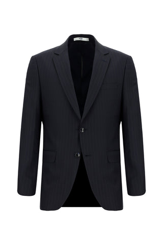  Siyah Lacivert Super Slim Fit Ekstra Dar Kesim Yünlü Çizgili Klasik Takım Elbise