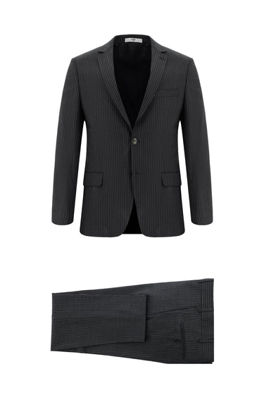 Koyu Füme Slim Fit Dar Kesim Yünlü Klasik Çizgili Takım Elbise