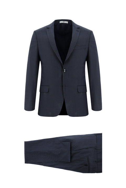 Orta Lacivert 7 Drop Slim Fit Dar Kesim Yünlü Çizgili Takım Elbise