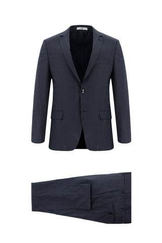  Orta Lacivert 7 Drop Super Slim Fit Eksra Dar Kesim Yünlü Çizgili Takım Elbise
