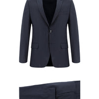 Orta Lacivert Super Slim Fit Ekstra Dar Kesim Yünlü Klasik Çizgili Takım Elbise