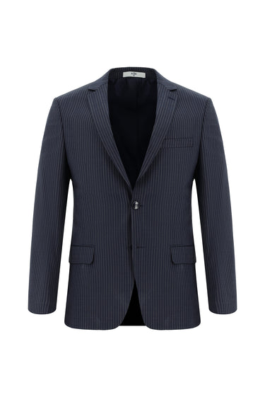 Orta Lacivert 7 Drop Slim Fit Dar Kesim Yünlü Klasik Çizgili Takım Elbise