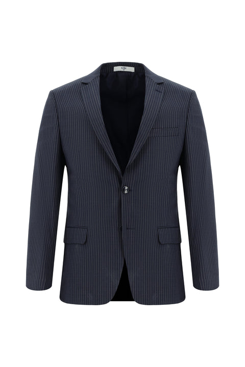 Orta Lacivert 7 Drop Slim Fit Dar Kesim Yünlü Çizgili Takım Elbise
