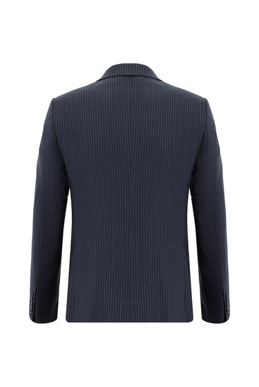 Orta Lacivert 7 Drop Slim Fit Dar Kesim Yünlü Klasik Çizgili Takım Elbise