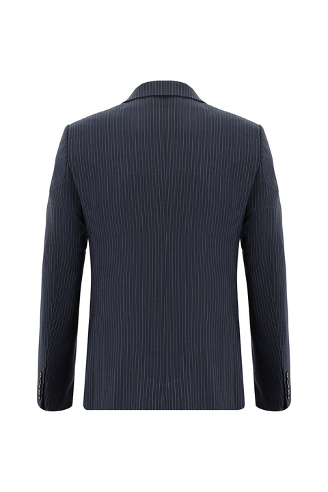 Orta Lacivert 7 Drop Slim Fit Dar Kesim Yünlü Çizgili Takım Elbise