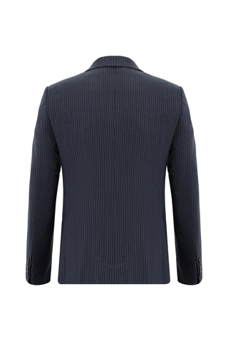  Orta Lacivert 7 Drop Slim Fit Dar Kesim Yünlü Çizgili Takım Elbise
