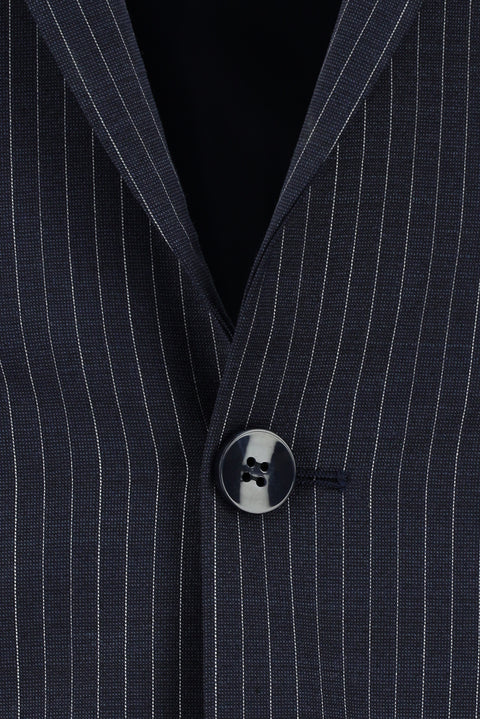 Orta Lacivert 7 Drop Slim Fit Dar Kesim Yünlü Çizgili Takım Elbise
