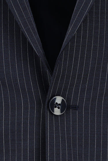 Orta Lacivert Super Slim Fit Ekstra Dar Kesim Yünlü Klasik Çizgili Takım Elbise