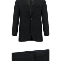 Siyah Slim Fit Dar Kesim Yünlü Klasik Çizgili Takım Elbise