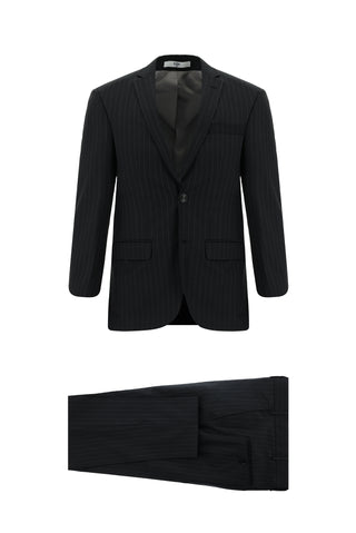  Siyah Super Slim Fit Ekstra Dar Kesim Yünlü Klasik Çizgili Takım Elbise