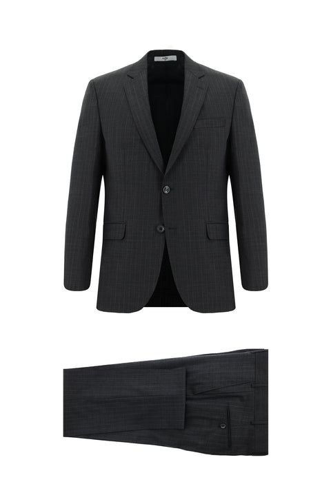 Koyu Füme 7 Drop Slim Fit Dar Kesim Yünlü Çizgili Takım Elbise