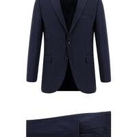 Koyu Lacivert Slim Fit Dar Kesim Yünlü Klasik Çizgili Takım Elbise