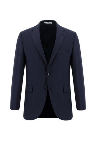  Koyu Lacivert Regular Fit Yünlü Çizgili Klasik Takım Elbise
