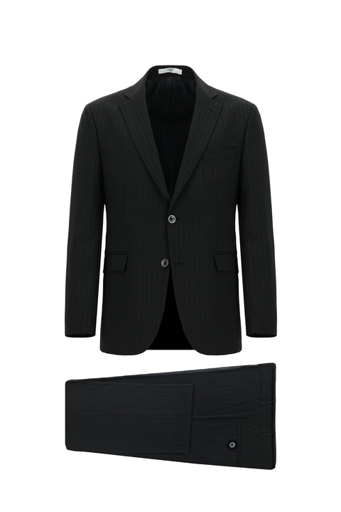 Black 7 Drop Slim Fit Narrow Cut Wool Striped Suit