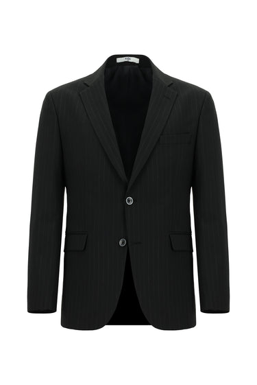  Siyah Slim Fit Dar Kesim Yünlü Klasik Çizgili Takım Elbise