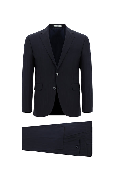 Koyu Lacivert 7 Drop Slim Fit Dar Kesim Yünlü Çizgili Takım Elbise