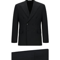 Siyah Slim Fit Dar Kesim Çizgili Yünlü Kruvaze Takım Elbise