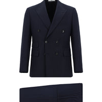 Koyu Lacivert Slim Fit Dar Kesim Çizgili Yünlü Kruvaze Takım Elbise