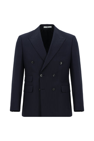  Koyu Lacivert 7 Drop Slim Fit Dar Kesim Çizgili Yünlü Kruvaze Takım Elbise