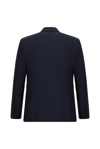  Koyu Lacivert Slim Fit Dar Kesim Çizgili Yünlü Kruvaze Takım Elbise