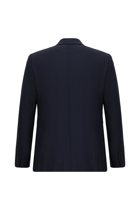 Koyu Lacivert 7 Drop Slim Fit Dar Kesim Çizgili Yünlü Kruvaze Takım Elbise