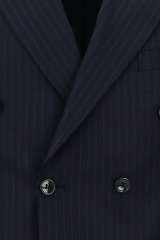  Koyu Lacivert Slim Fit Dar Kesim Çizgili Yünlü Kruvaze Takım Elbise