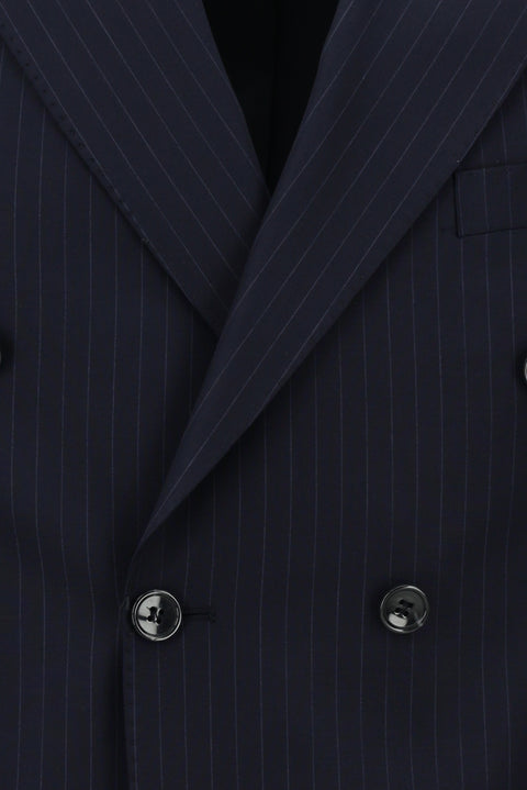 Koyu Lacivert 7 Drop Slim Fit Dar Kesim Çizgili Yünlü Kruvaze Takım Elbise