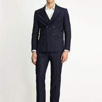 Koyu Lacivert 7 Drop Slim Fit Dar Kesim Çizgili Yünlü Beli Lastikli Kruvaze Takım Elbise